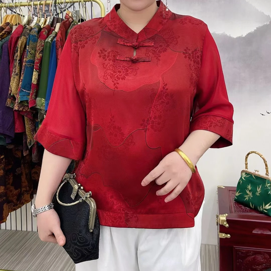 2024夏季新款中老年高档女装素色v领盘扣上衣妈妈装母亲节礼物