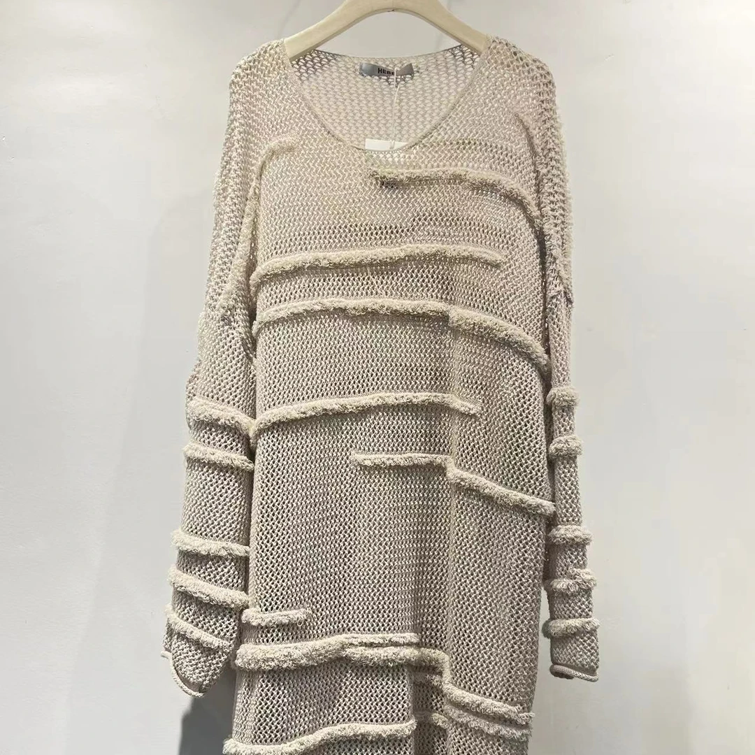 毛衣时尚气质百搭休闲镂空宽松套头长毛衣开衫中长款圆领秋冬毛衫