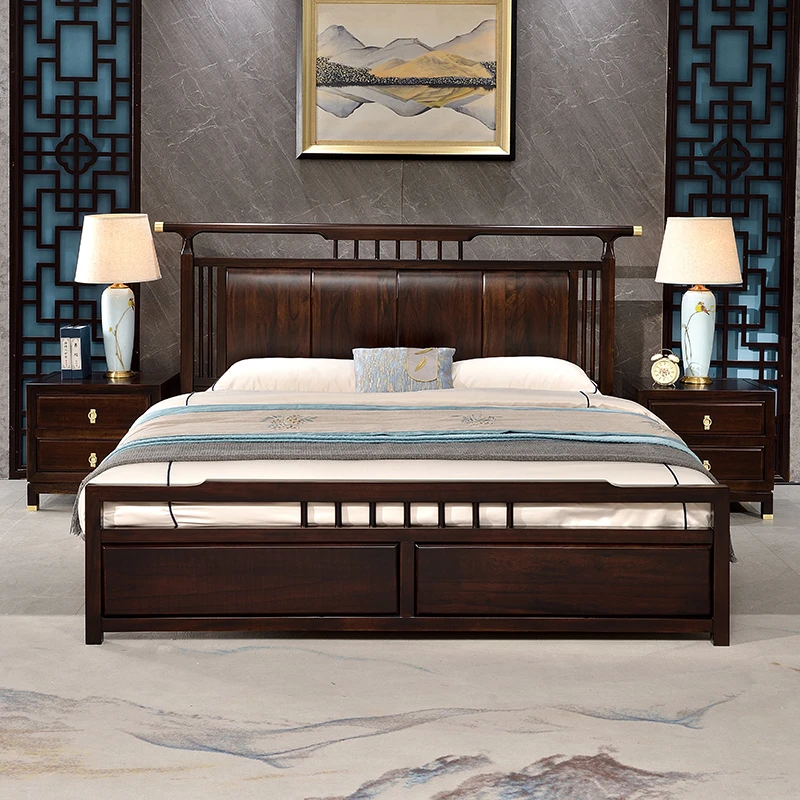 新中式黑檀木1.8米全实木双人官帽床简约现代轻奢卧室高箱储物床