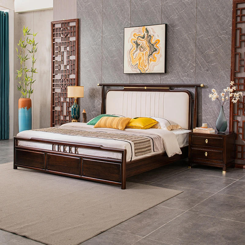 新中式实木床轻奢软靠双人床主卧南美黑檀1.8米气压高箱储物床