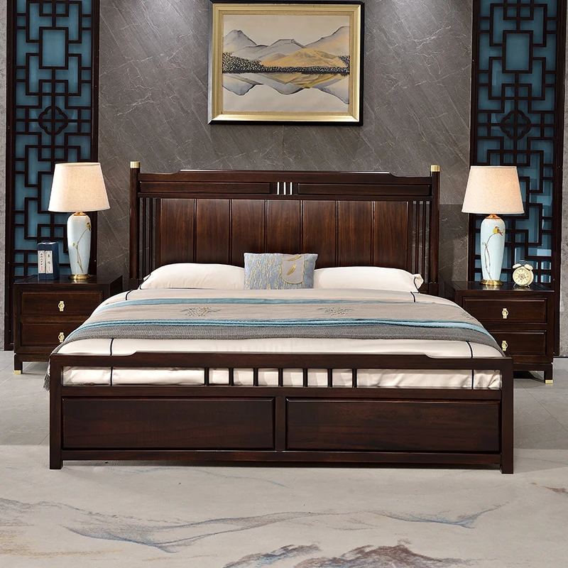 新中式实木床现代轻奢南美黑檀木双人床主1.8米主卧气压储物婚床