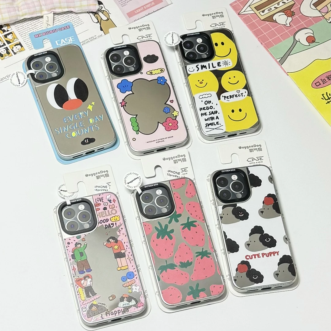 涂鸦电镀银边镜面适用iPhone16promax简约ind卡通全包手机壳创意