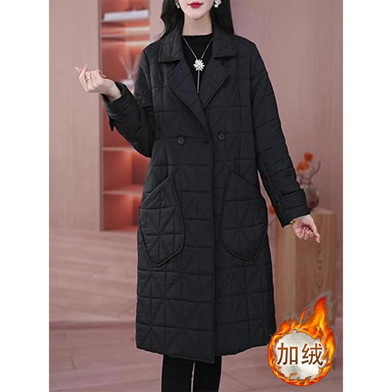 黑色秋冬季新款时尚百搭加厚宽松中长款棉服外套大码显瘦气质洋气