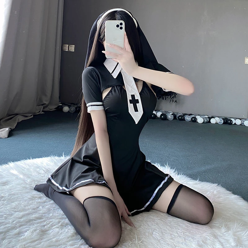 性感修身修女角色扮y连衣裙露背裙纯欲收腰显瘦黑色短裙
