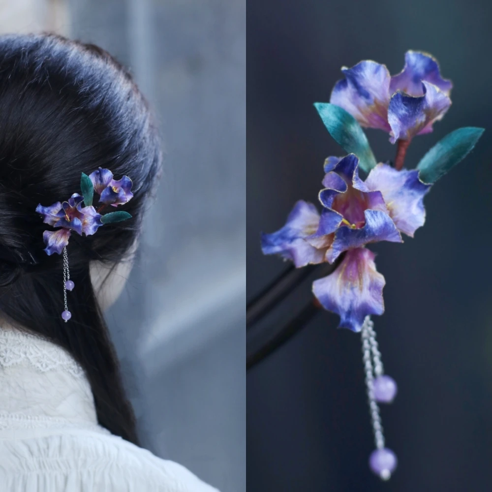 【紫鸢】非遗桑蚕丝绒花鸢尾步摇家居饰品摆件日常中国传统色