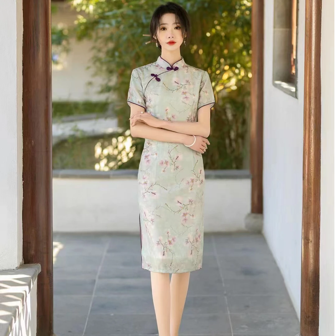 24109 中长款 紫玉兰 优雅气质欧根纱改良旗袍 长约105cm