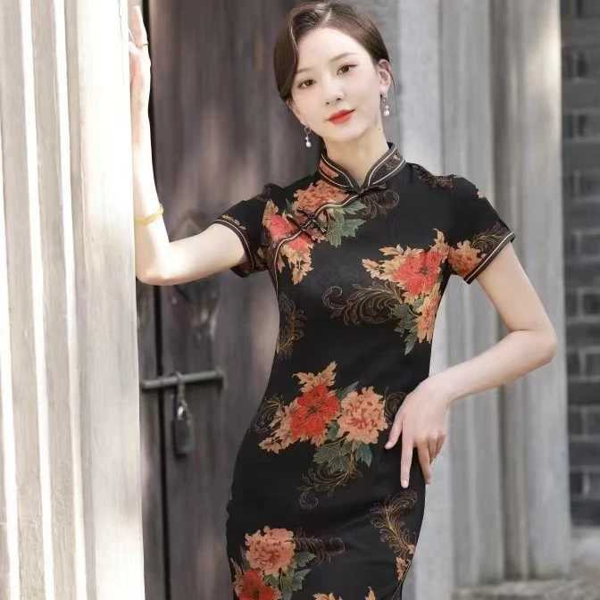 中长款夏季 提花黑底牡丹 气质显瘦中国风旗袍裙长105cm