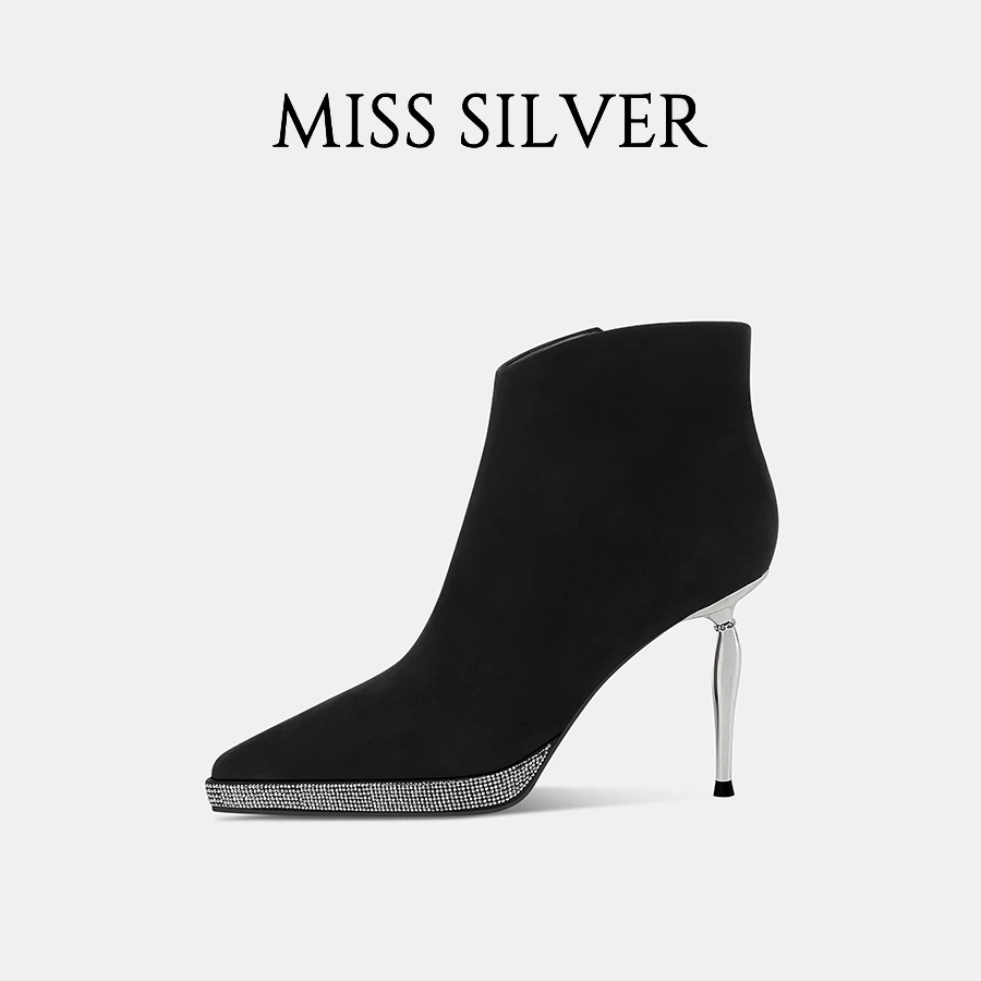 MISSSILVER细跟短靴女2024年秋冬新款防水台水钻时尚性感时装女靴