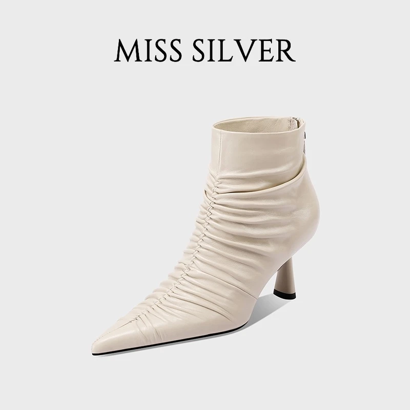 MISSSILVER[大牌女鞋] 细跟短靴女2024年冬季新款真皮褶皱设计尖