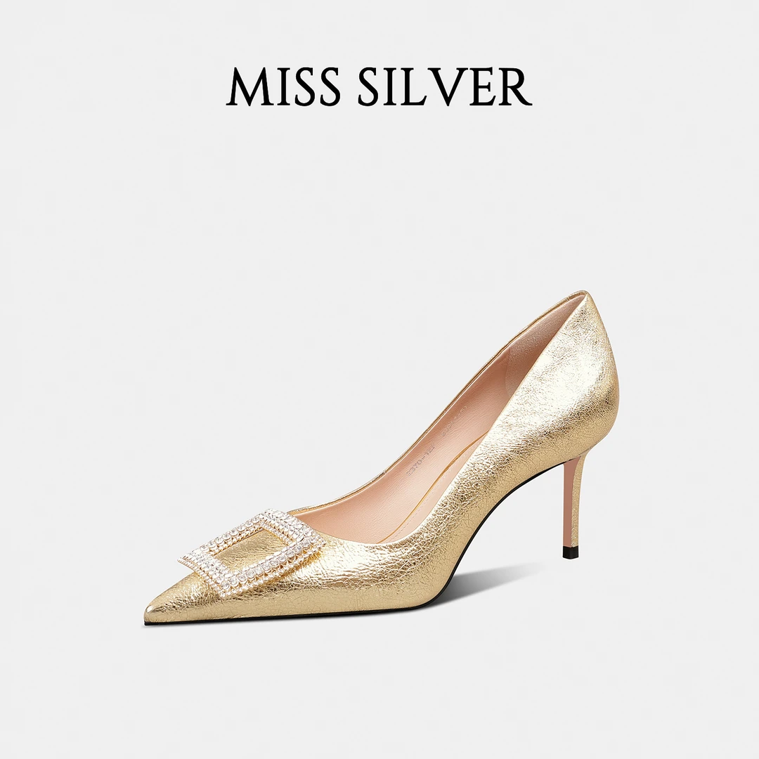MISSSILVER尖头单鞋女2024年新款气质水钻浅口方扣细跟金色高跟鞋