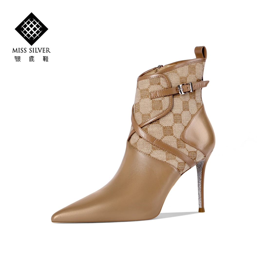 MISSSILVER真皮2024新款女高跟短靴气质百搭短靴女款2024新款爆款