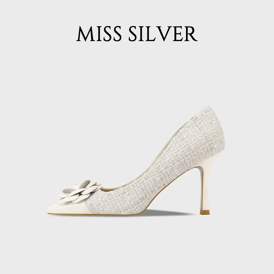 MISSSILVER尖头高跟鞋女2024秋季新款花朵米白色浅口