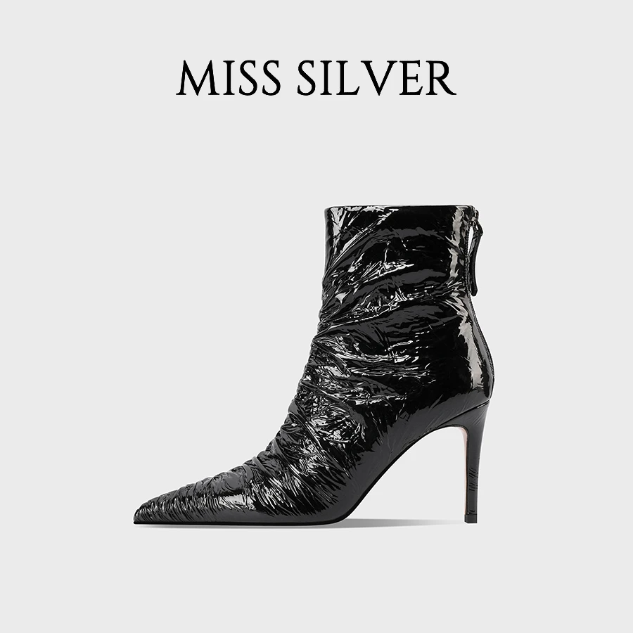 MISSSILVER细跟尖头短靴女2024年秋冬新款真皮时尚褶皱设计女靴