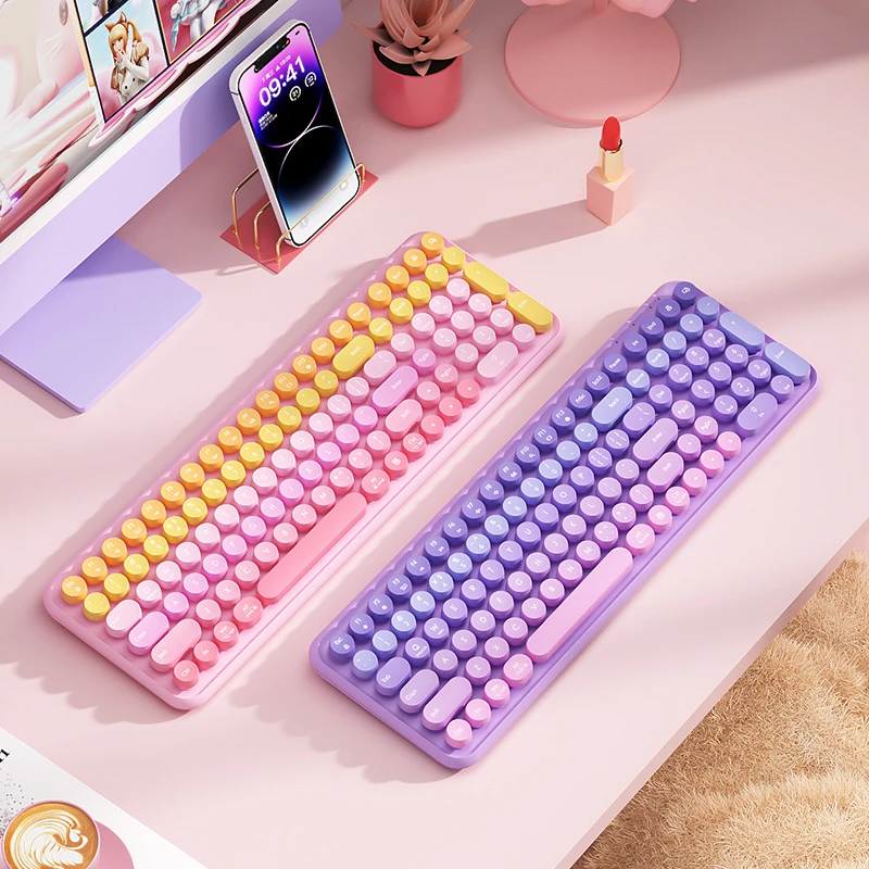 BOW渐变色无线键盘女生可爱办公机械手感台式机笔记本粉色少女心