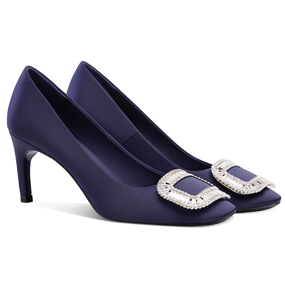 王曼妮同款鞋2025春季新款高跟鞋女r细跟水钻v方扣百搭单鞋女