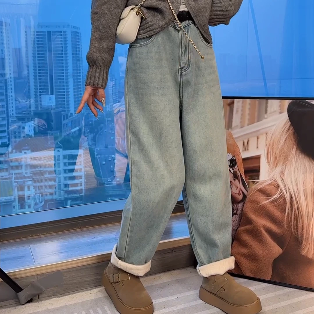 【晓溪服饰】秋冬新款加绒加厚保暖牛仔裤宽松高腰显瘦直筒裤女3288