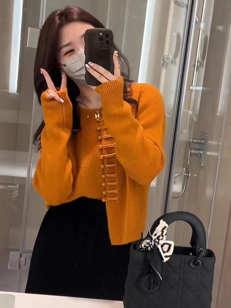 秋冬新款新中式改良盘扣针织衫毛衣开衫外套女时尚百搭显瘦