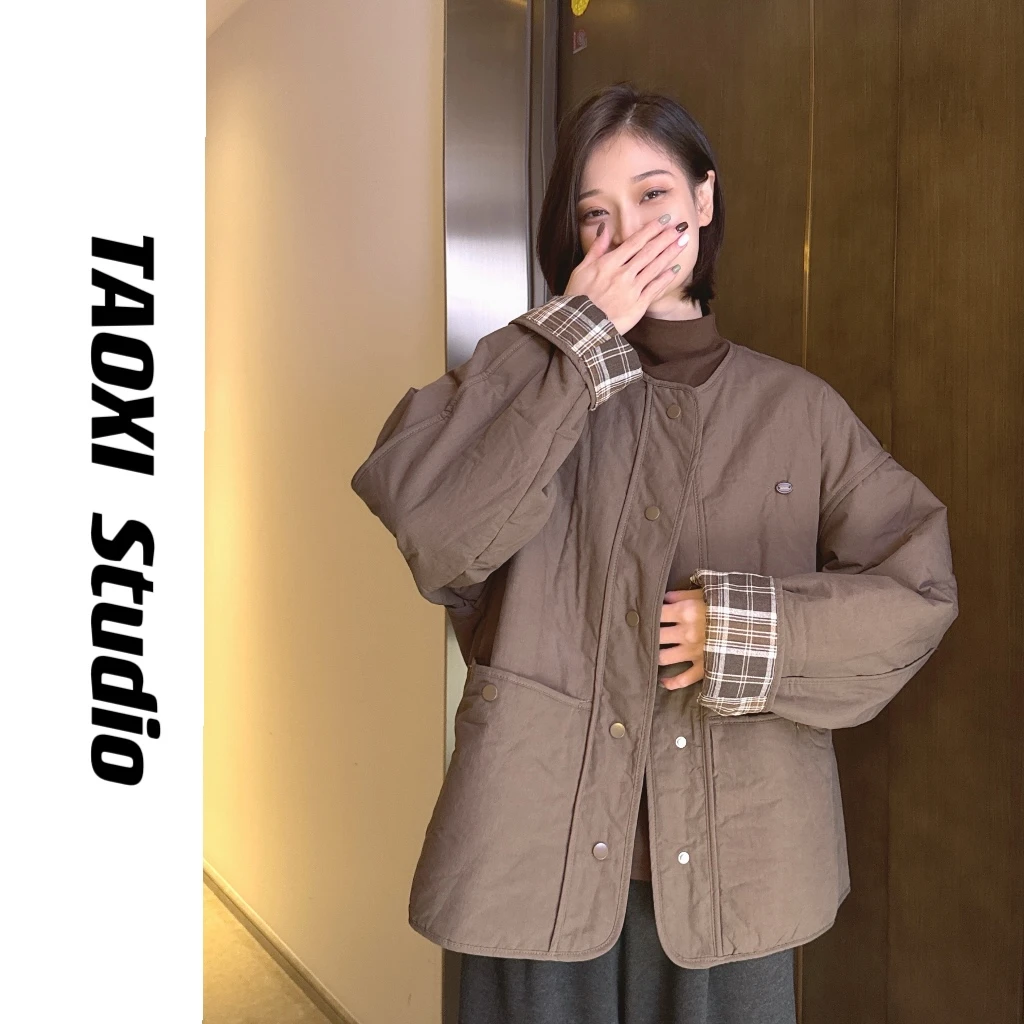 [TAOXI]韩系简约复古百搭宽松显瘦拼格外套