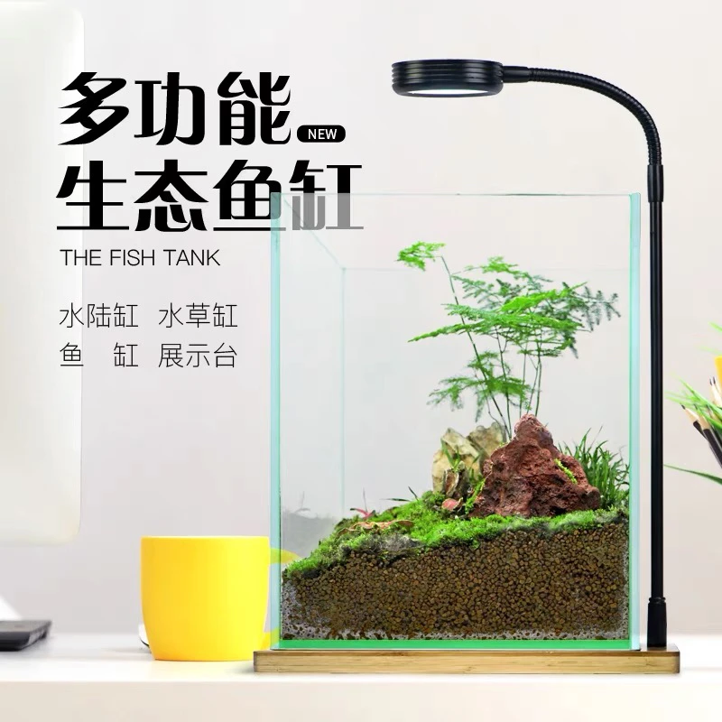 迷你超白玻璃鱼缸斗鱼小鱼缸桌面小型水族箱黑玻背景60造景