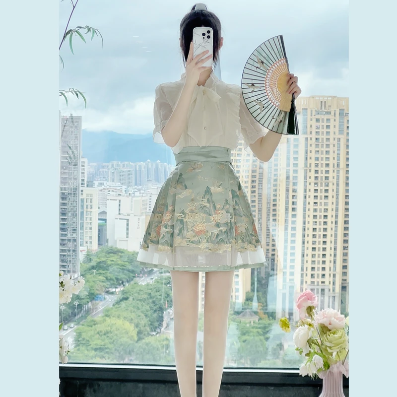 棠曦原创【鹤生云】短款织金妆花拼纱马面裙2024素色汉服女小个子