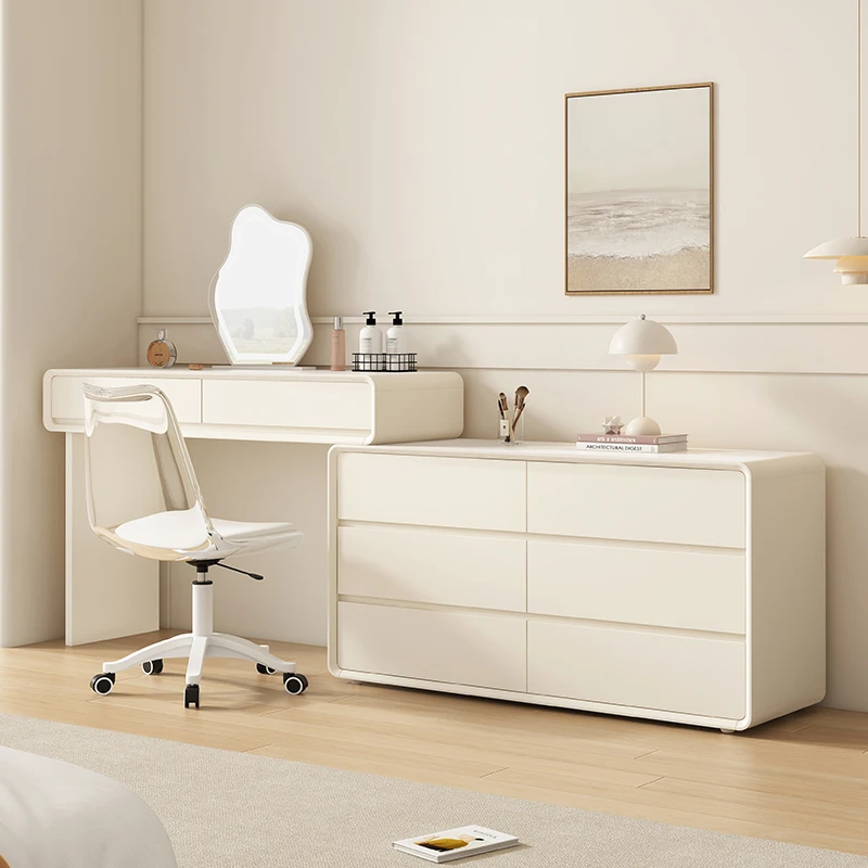 实木奶油风梳妆台斗柜一体床尾柜卧室可伸缩旋转化妆桌储物梳妆柜