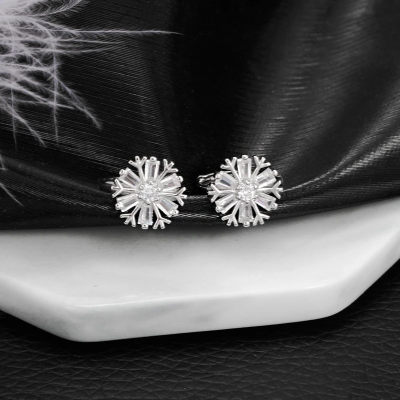 925银合成锆石耳饰 HED1098【雪花耳扣】银女时尚白锆雪花耳钉
