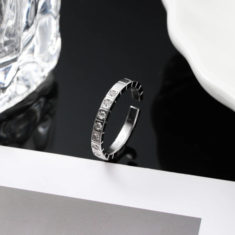 925银合成锆石戒指 HQL1002【白锆方块拼接戒指】纯银开口戒小众