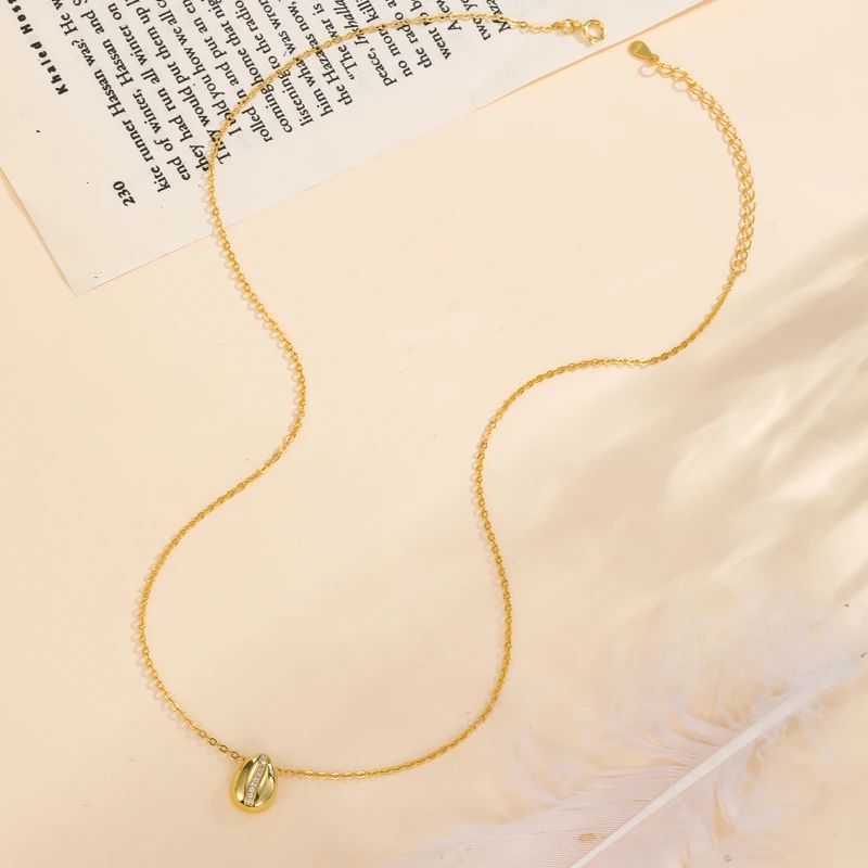 坠链均925银合成锆石 HXL593【咖啡控】项链金色白锆扁豆银41+5.4cm