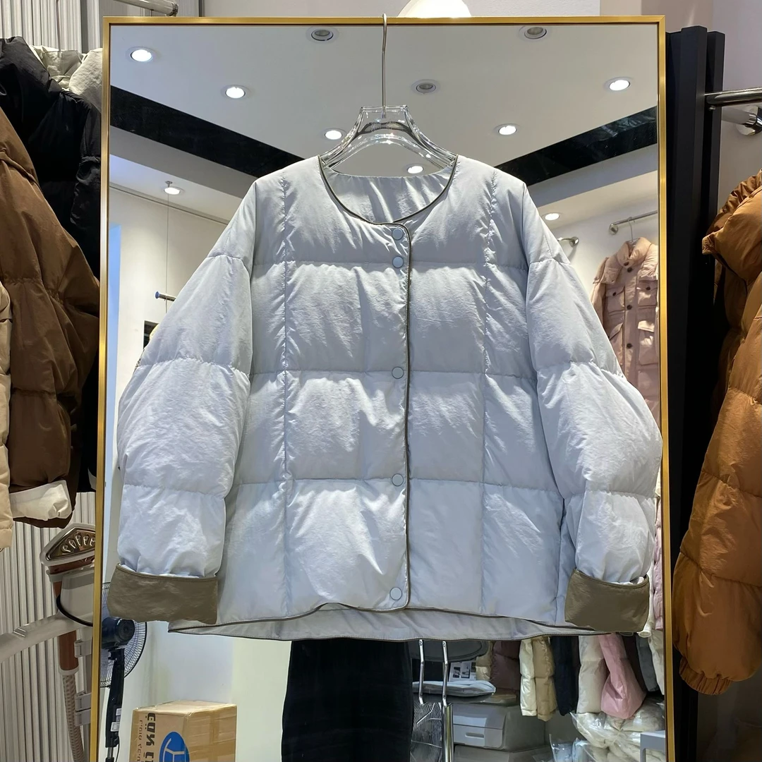 轻薄羽绒服女装短款休闲2025新款时尚糖果色撞色圆领学生冬季外套