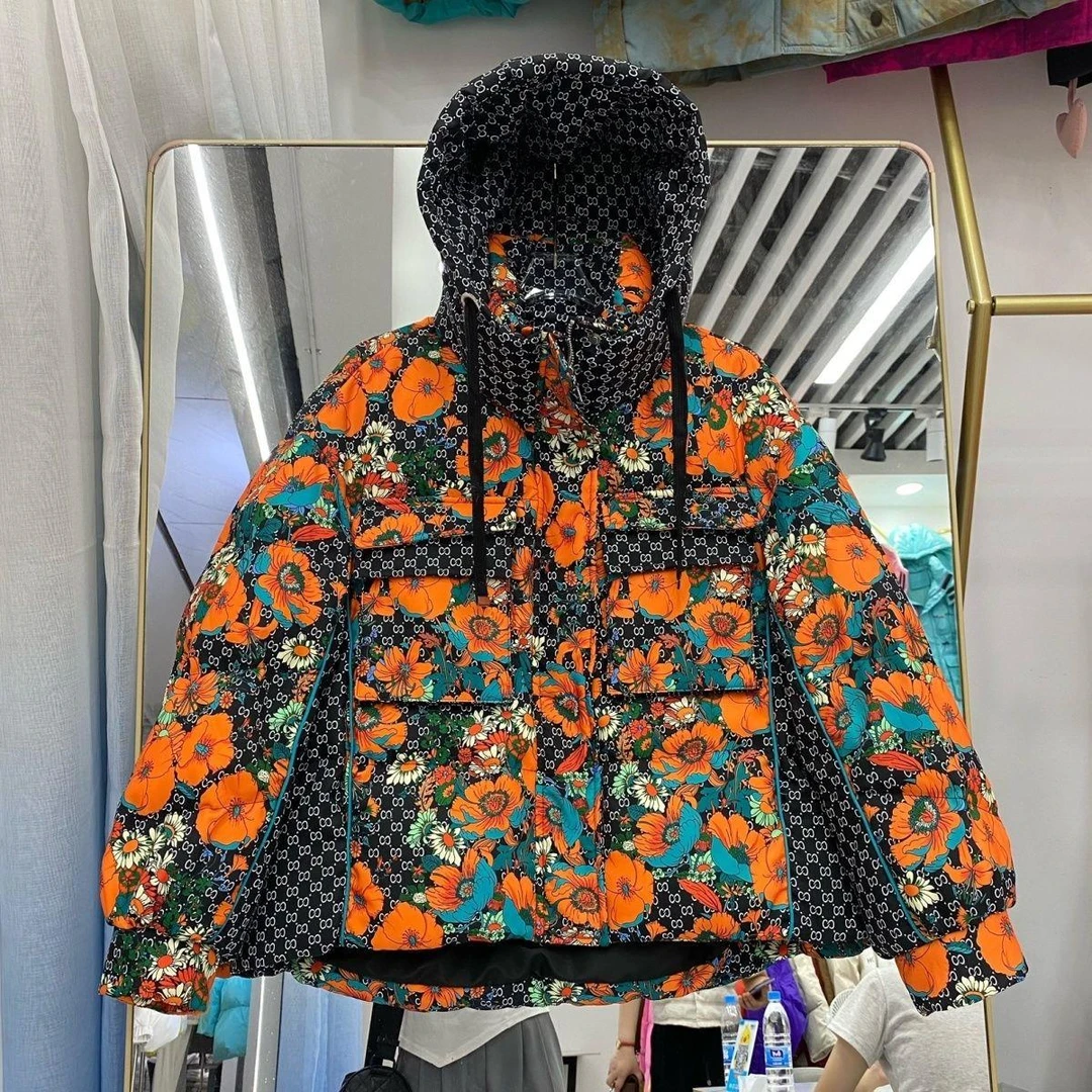 印花羽绒服女短款2023年新款小个子加厚宽松显瘦牡丹花潮牌冬季
