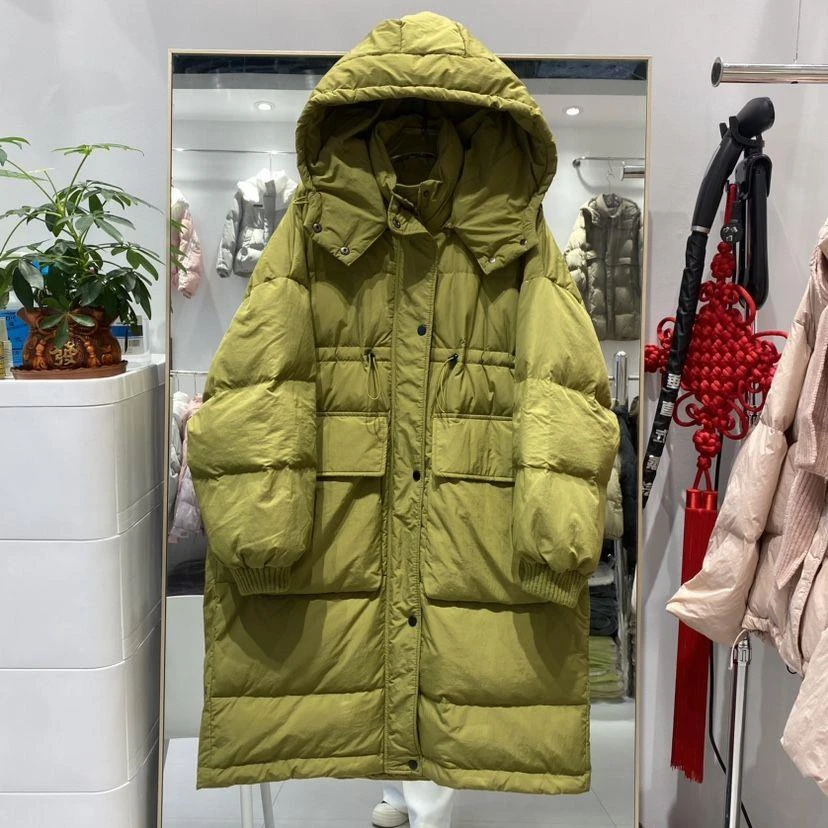 凯雅中长款羽绒服螺纹袖口韩版宽松显瘦简约大口袋连帽羽绒服女