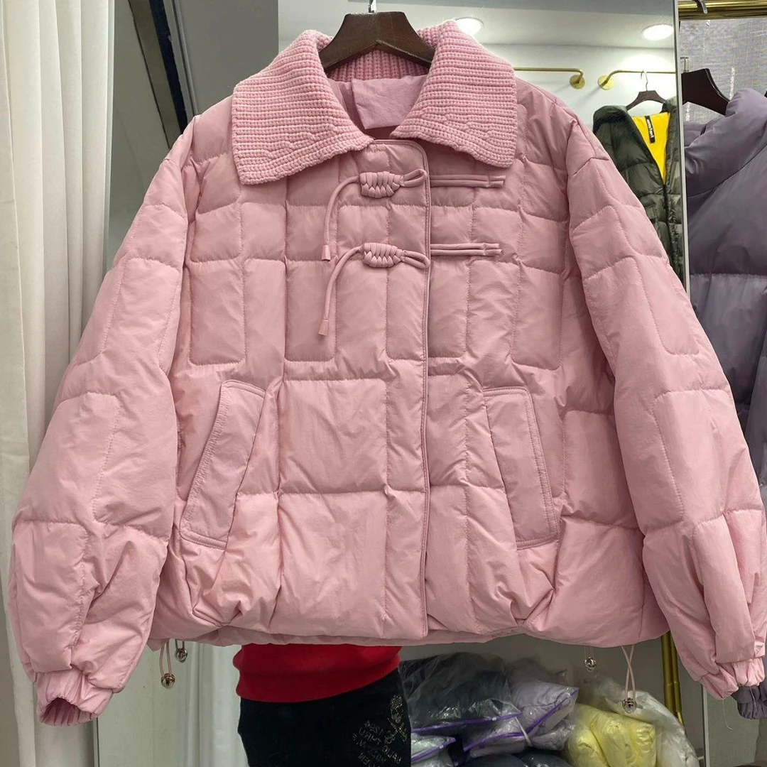 厂家直销支持一件代发2023年冬新款羽绒服女短款针织大翻领宽松加