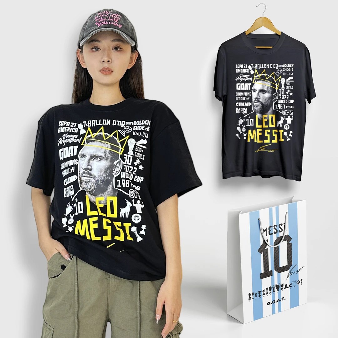 阿根廷梅西头像写真款巴萨 巴黎 宽松型 纯棉短袖 T恤潮流 男士