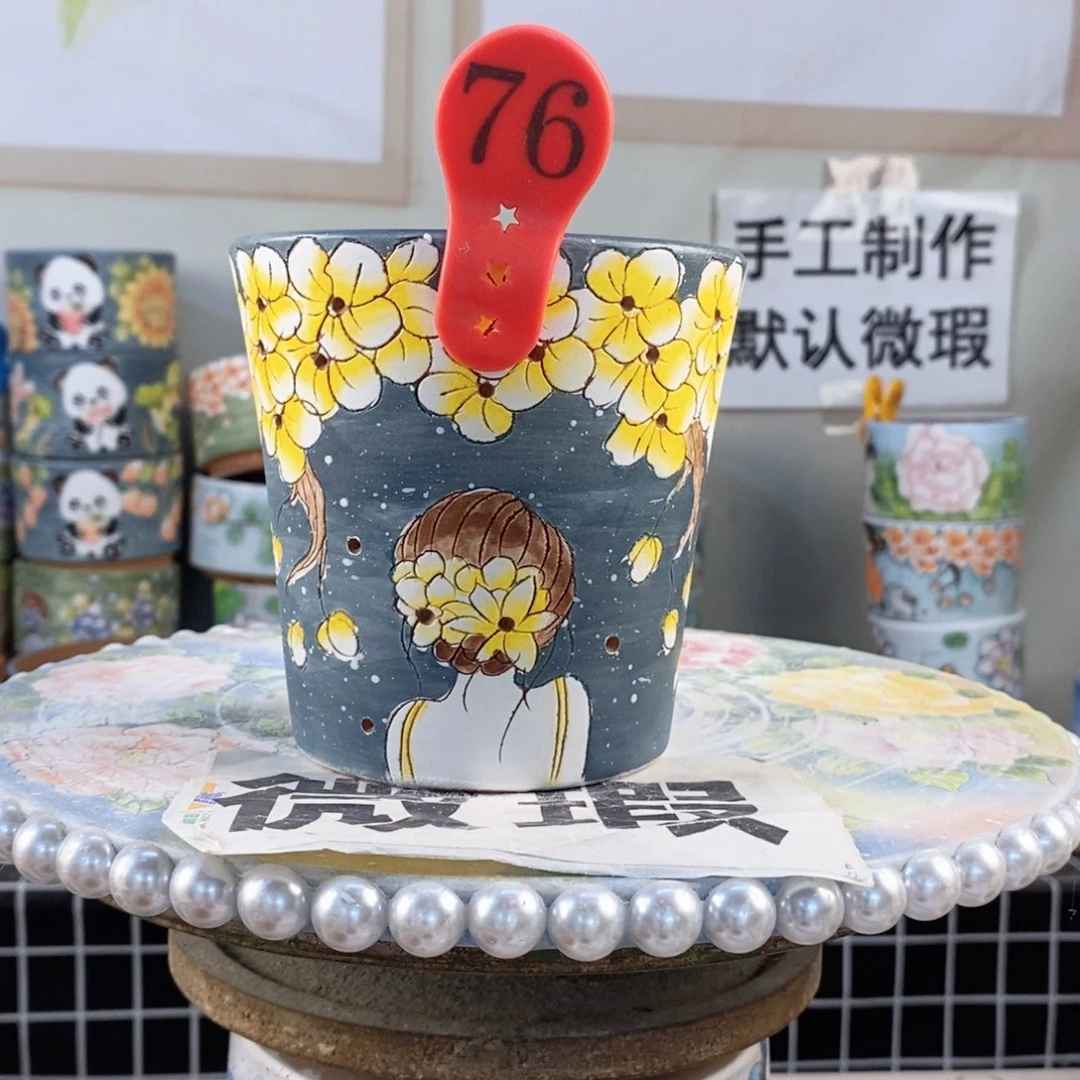 紫砂花盆红陶手绘花盆