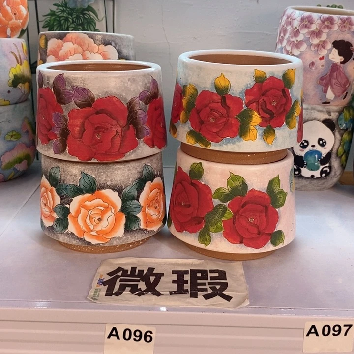 紫砂花盆媛*?红陶手绘花盆
