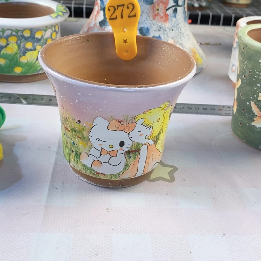 紫砂花盆易*红陶手绘花盆