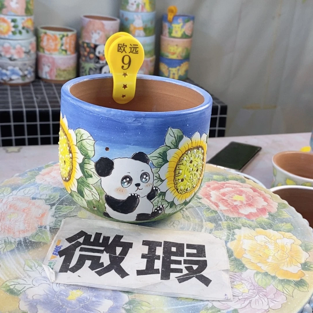 紫砂花盆红陶手绘花盆