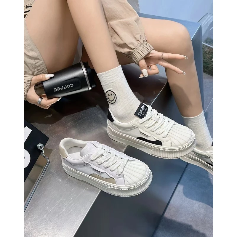 2025新款真皮厚底小白鞋女厚底增高潮流板鞋黑白拼色板鞋992
