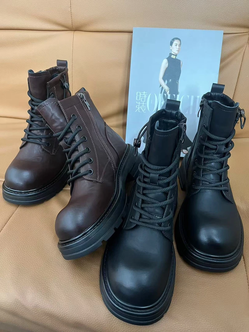 2024新款爆款秋冬加绒英伦风短靴子女靴真皮厚底加绒马丁靴912-3A