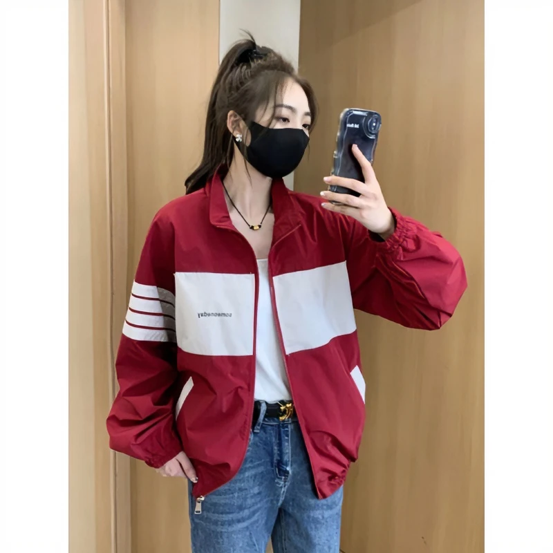 立领宽松冲锋衣女2023春秋拼接条纹减龄显瘦撞色轻薄棒球服ins风