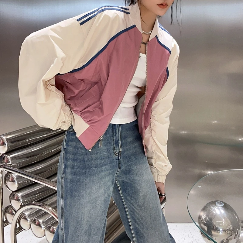 2024秋季新款拼色高级感棒球服女洋气宽松百搭飞行员上衣夹克外套