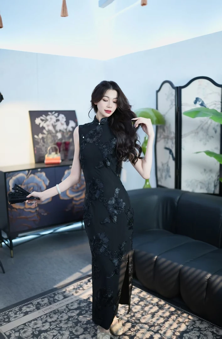 【尔尔古典美学】复古新中式旗袍【花丝】春夏修身中国风黑色旗袍