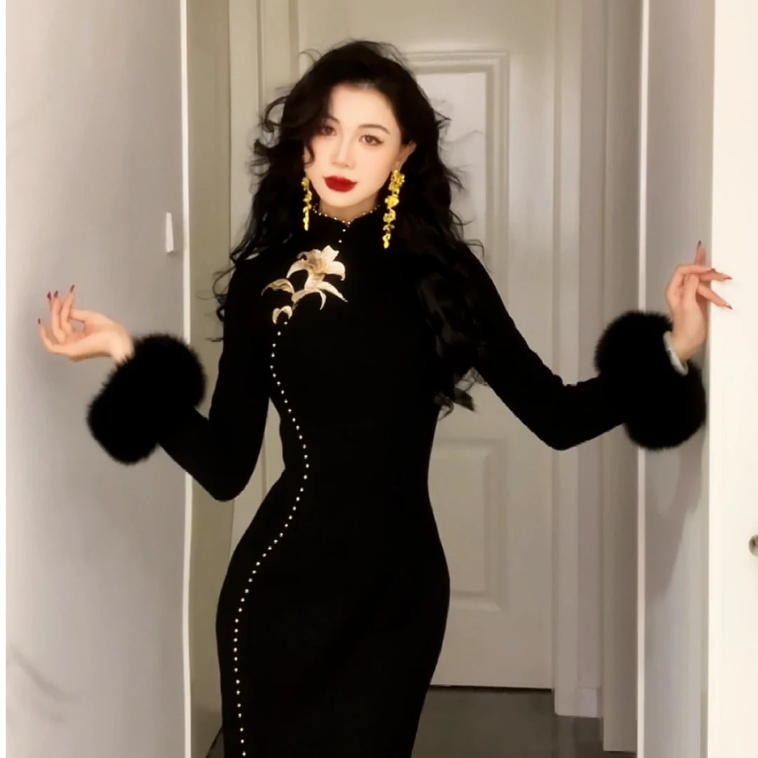 【沙漠百合】b复古新中式刺绣钉珠秋冬中国风旗袍【尔尔古典美学】