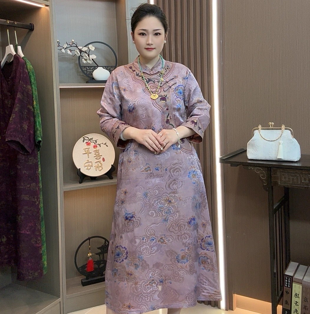【余年】2025新款高端重磅夏季素雅新中式风格印花遮肉显瘦连衣裙