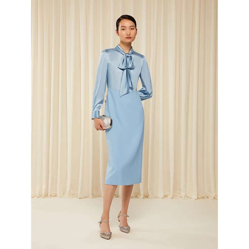 SongofSong歌中歌秋季新品浅蓝桑蚕丝假两件连衣裙5C63305700