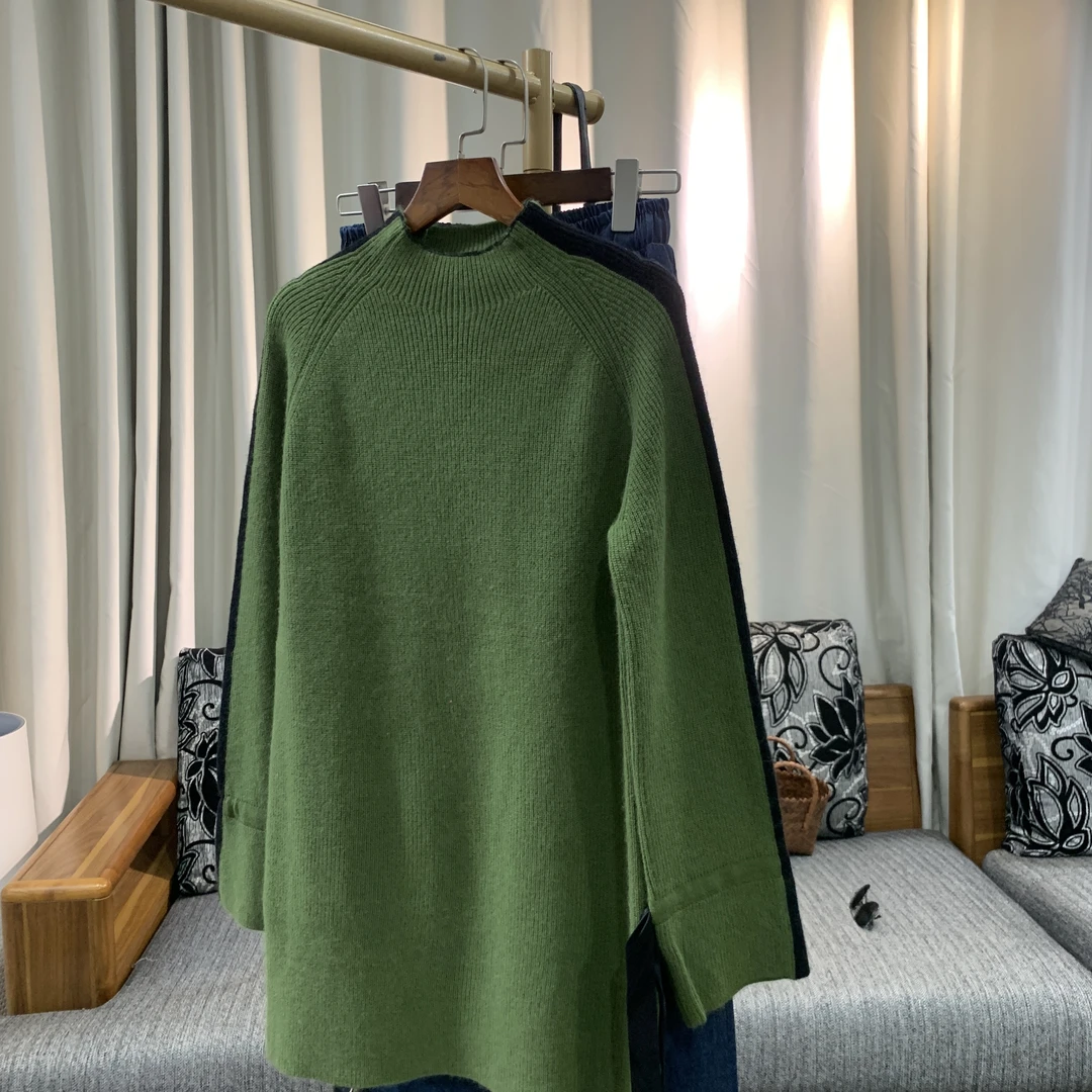 3116 祺欣家 (羊毛20%兔绒60%) 飘带款拼色半高领简约设计针织衫