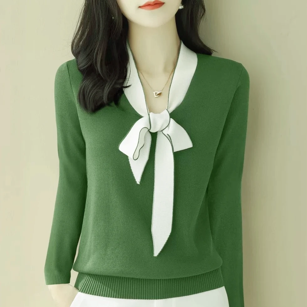 3318 祺欣家 法式高级感飘带拼色V领小众设计简约显气质针织衫