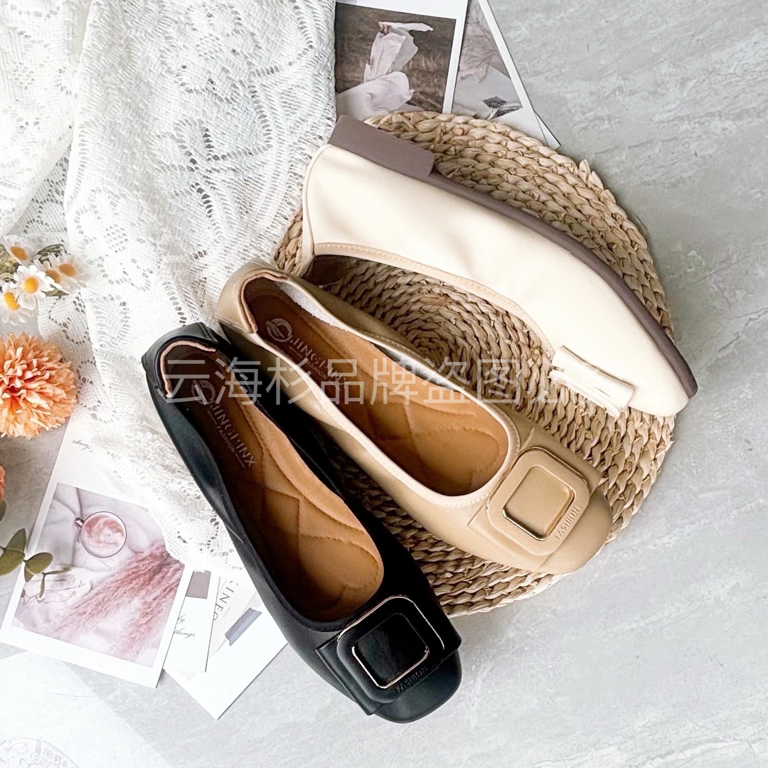 新款秋夏时尚休闲百搭方头尖头平底鞋软底浅口粗跟韩版低跟豆豆鞋