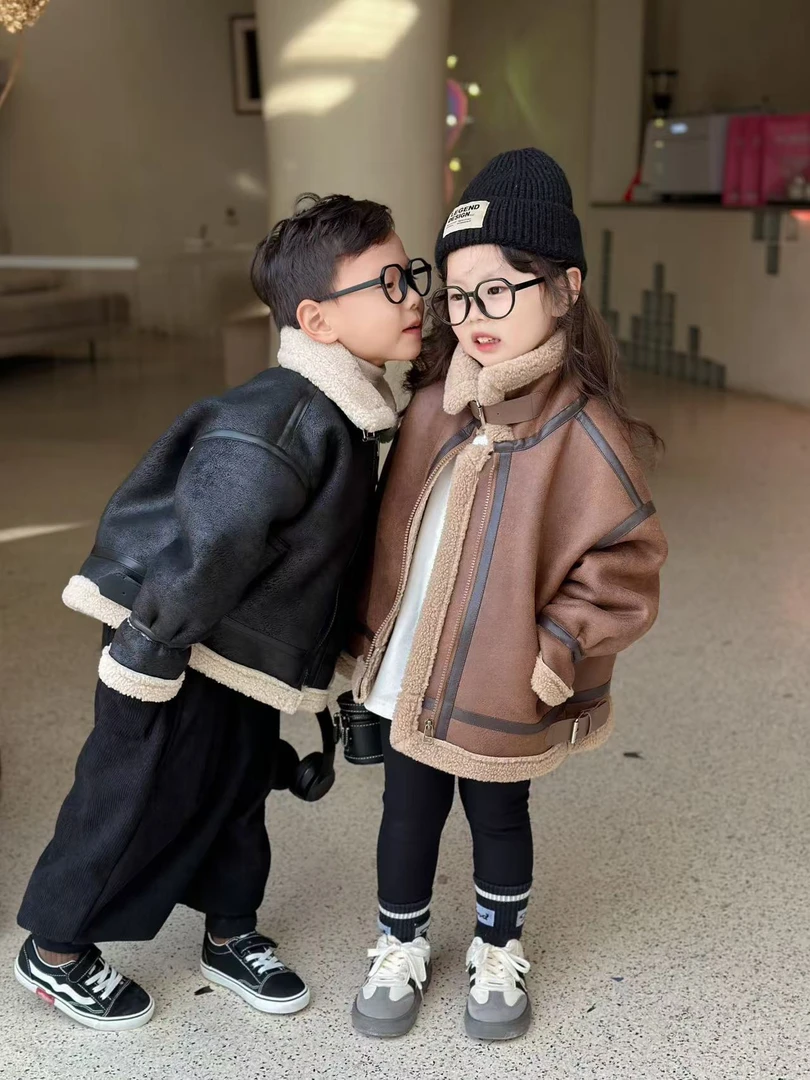 冬款儿童秋冬装加绒外套麂皮绒皮衣时髦机车服男女童保暖外套