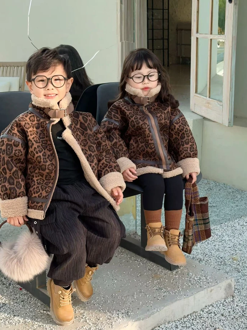 2025新款豹纹加绒加厚皮毛一体机车服冬季洋气时尚羊羔外套保暖